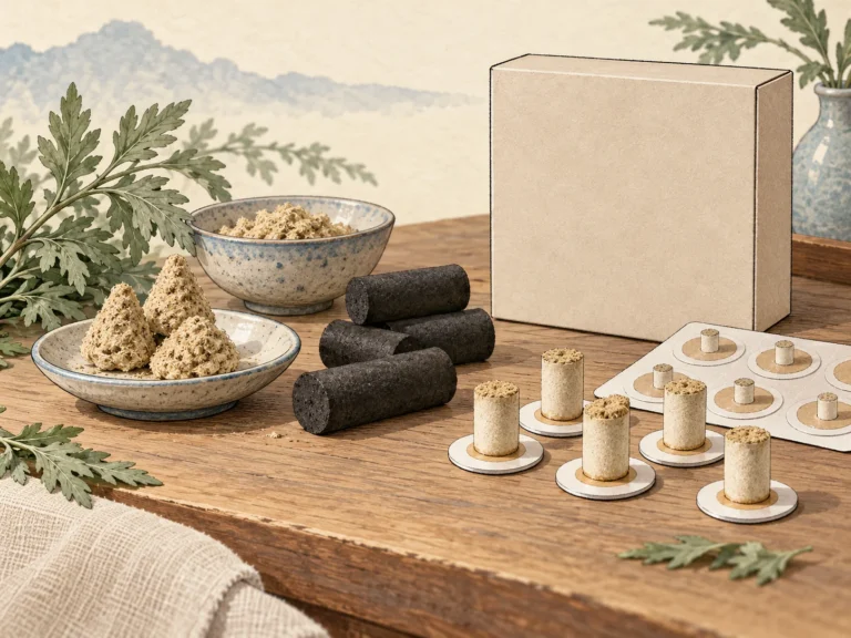 Concept illustration of unlit fibrous moxa cones, carbonized cylinders and mini units on bases