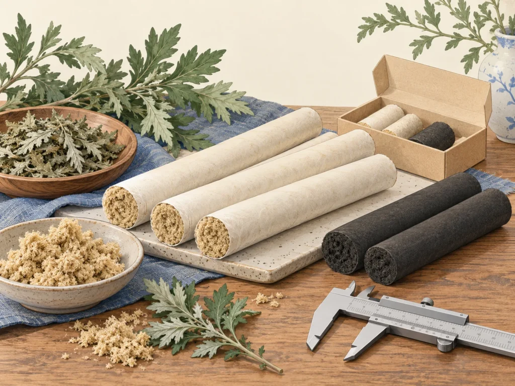 Concept illustration of unlit paper-wrapped moxa rolls, dark smokeless rolls, mugwort leaves and sample packaging