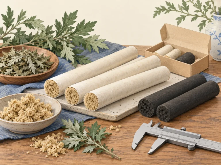 Concept illustration of unlit paper-wrapped moxa rolls, dark smokeless rolls, mugwort leaves and sample packaging