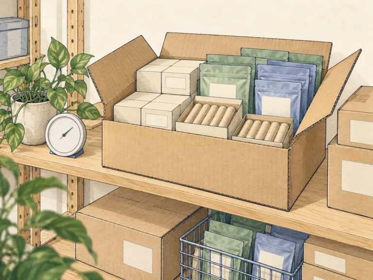 Concept illustration of moxa cartons and protective pouches organized on raised storage shelving