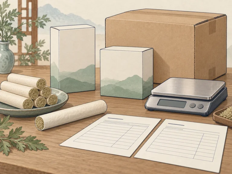 Concept illustration of moxa rolls, different retail cartons, a shipping carton, blank quote sheets and scale