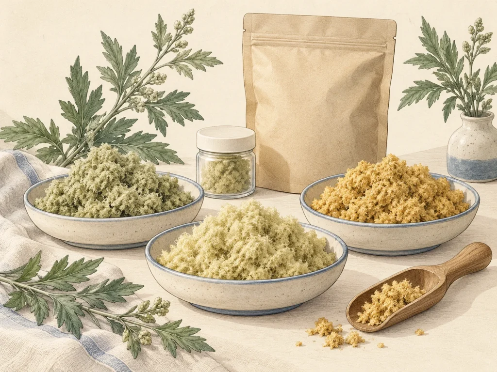 Concept illustration of three textures of loose moxa wool in dishes, a plain bulk pouch and sample jar