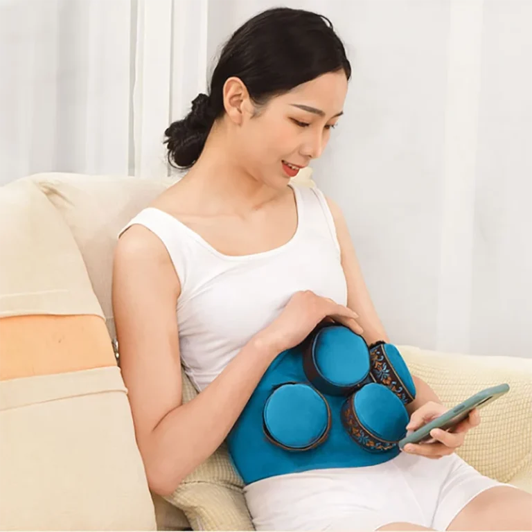 Fabric-covered portable moxa holder shown in a wearable product display