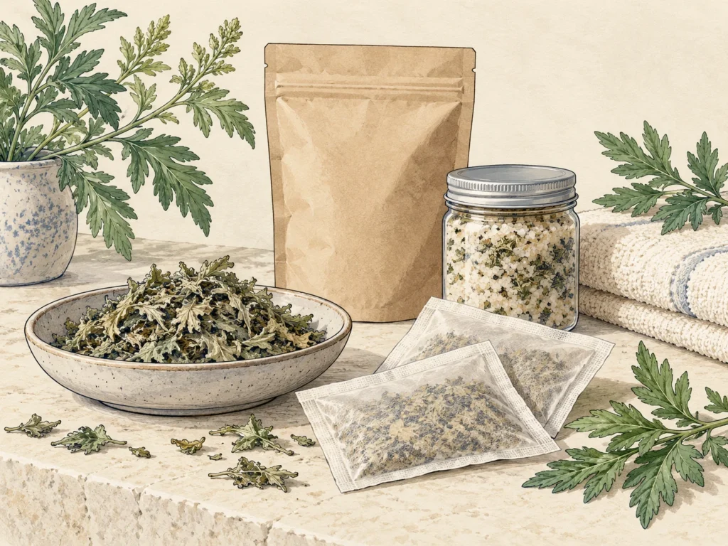 Concept illustration of herb-filled soak sachets, dried leaves, a plain pouch and a closed jar of bath salts