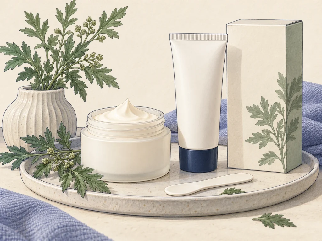 Concept illustration of an unbranded cosmetic cream jar, tube, spatula, plain carton and mugwort sprigs