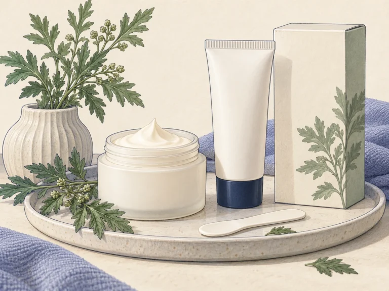 Concept illustration of an unbranded cosmetic cream jar, tube, spatula, plain carton and mugwort sprigs
