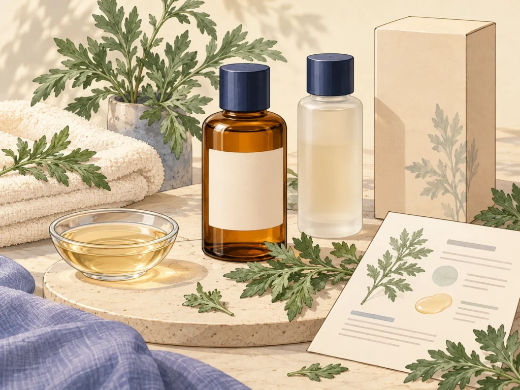 Concept illustration of unbranded skincare essence bottles, mugwort leaves, a sample dish and plain cosmetic packaging