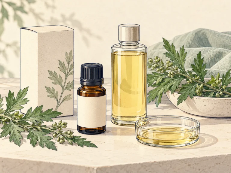 Concept illustration of a small amber oil bottle, larger carrier-oil bottle, sample dish and mugwort sprigs