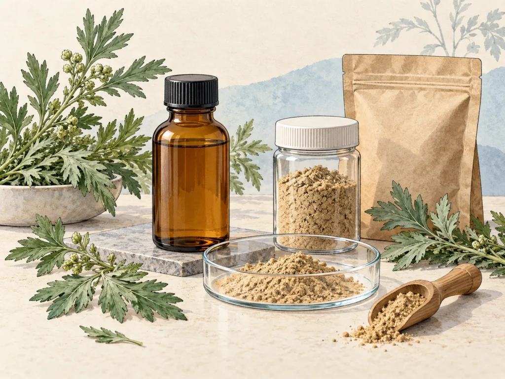 Concept illustration comparing a liquid botanical extract sample with extract powder, a plain pouch and mugwort sprigs