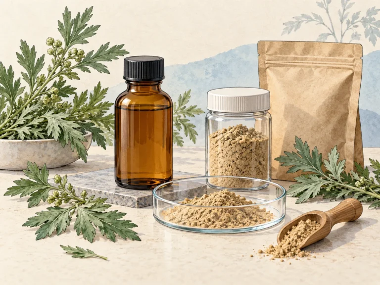 Concept illustration comparing a liquid botanical extract sample with extract powder, a plain pouch and mugwort sprigs