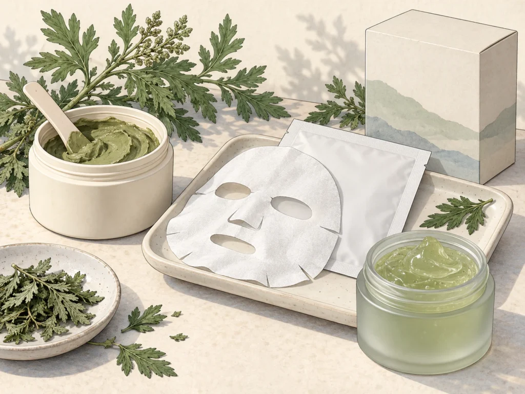 Concept illustration comparing a mugwort clay mask, a facial sheet mask and a gel wash-off mask with plain packaging