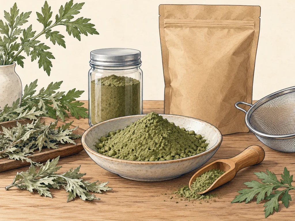 Concept illustration of mugwort leaf powder, a sample jar, plain bulk pouch, dried leaves and a mesh sieve