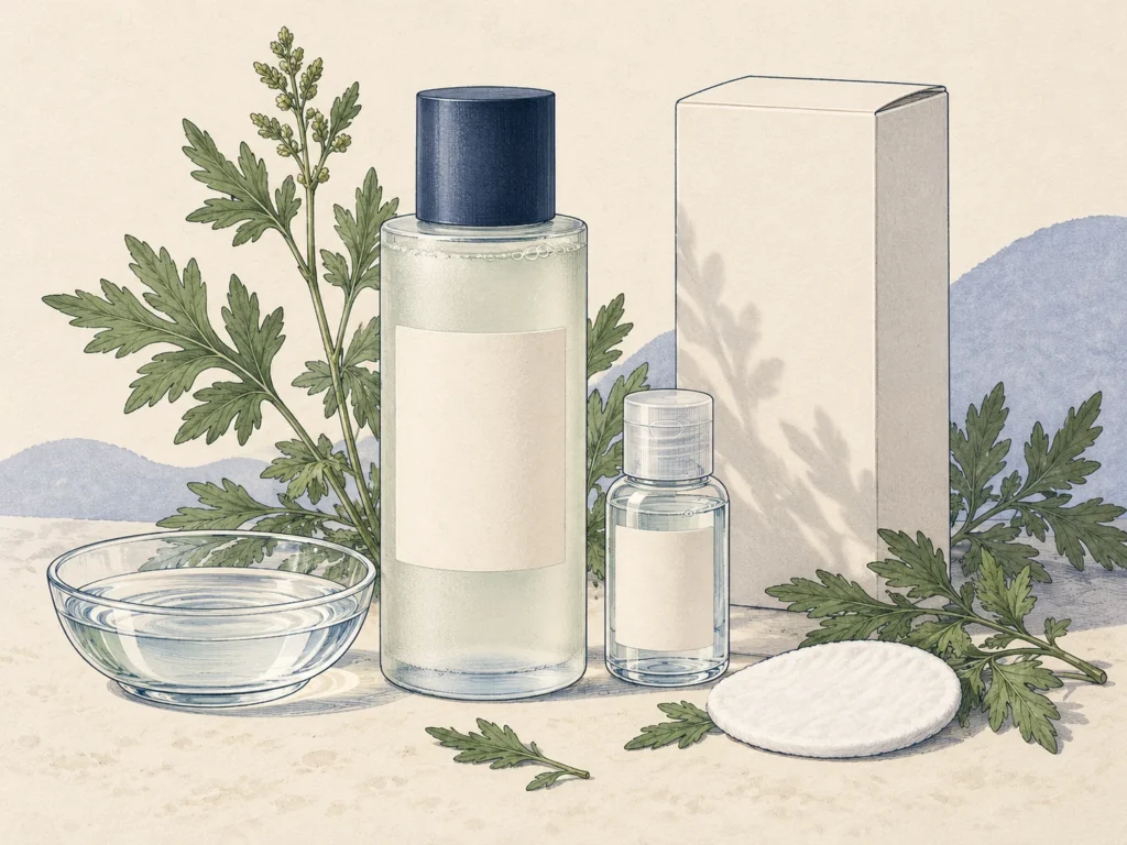 Concept illustration of unbranded skincare toner bottles, a cotton pad, sample dish and mugwort sprigs