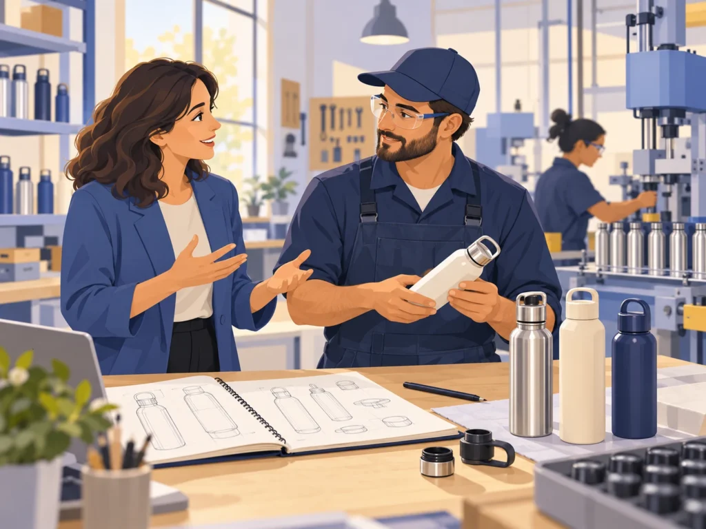 Concept illustration of a workshop developing a drink bottle from a buyer's sketch