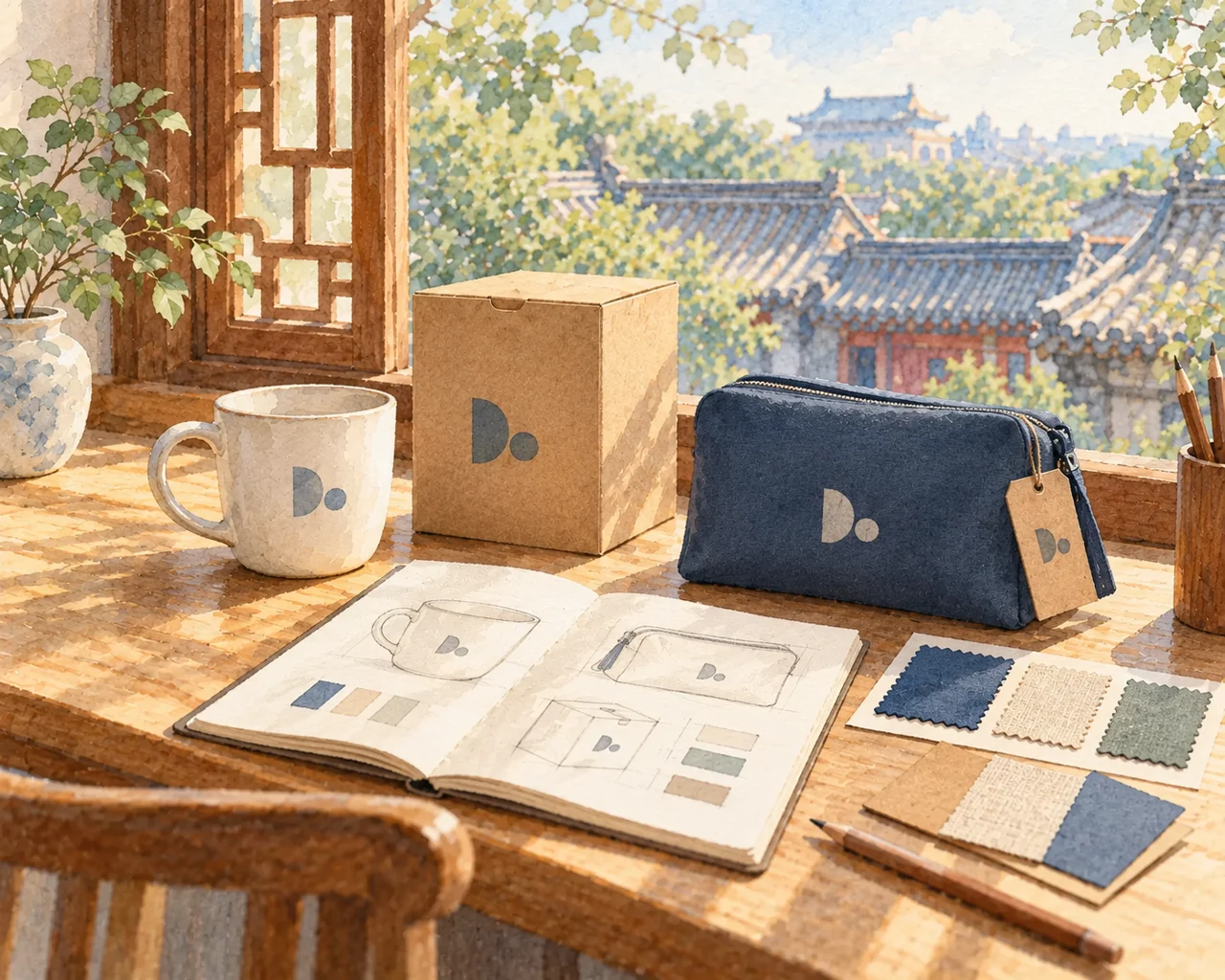 Watercolor illustration of a branded mug, retail packaging, canvas pouch and product sketches beside a Beijing courtyard window