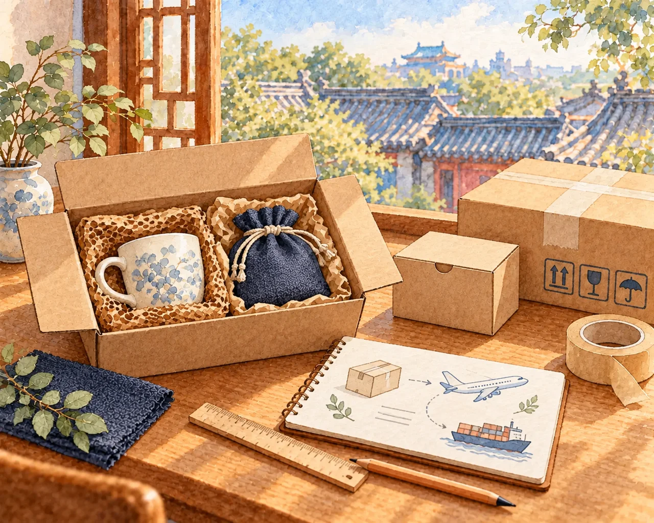 Watercolor illustration of protective product packing, retail and shipping cartons, tape and a shipment planning notebook beside a Beijing courtyard window