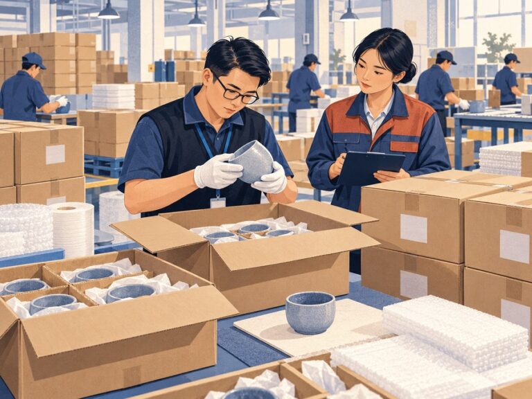 Illustration of an inspector checking products and packaging from selected cartons before shipment in China.