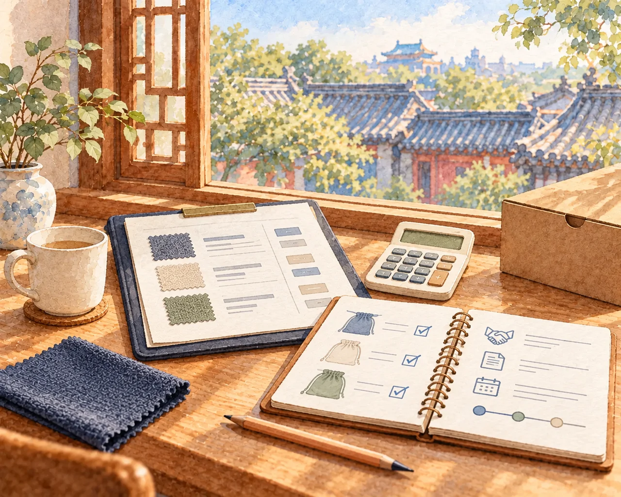 Illustration of a quotation folder, calculator and product samples beside a Beijing courtyard window