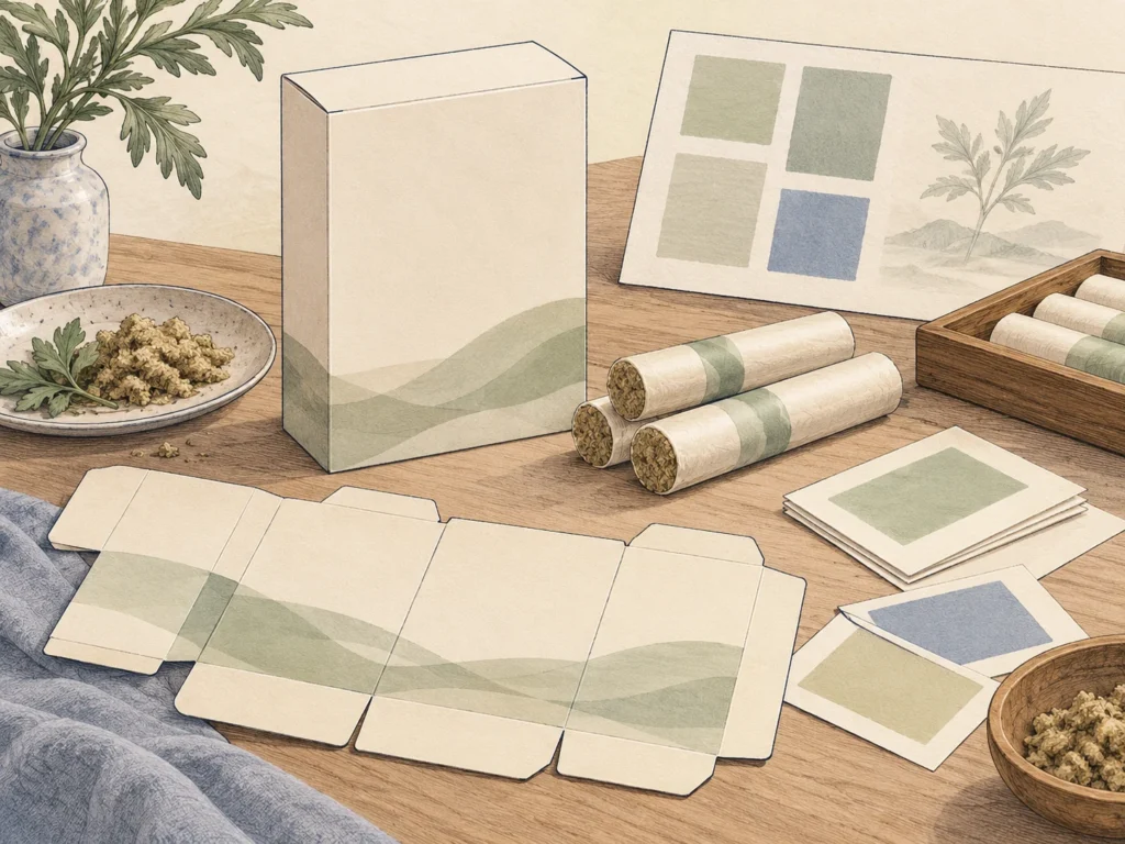 Concept illustration of moxa rolls, retail carton, flat carton blank, label swatches and artwork proof