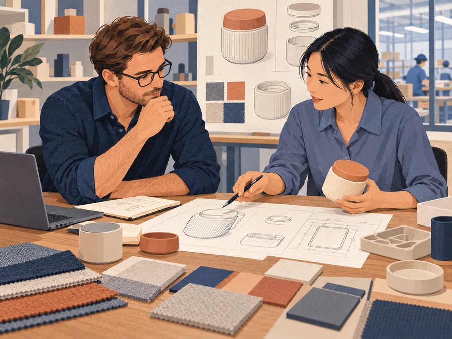 Illustration of a buyer representative and engineer reviewing a product brief and prototype.