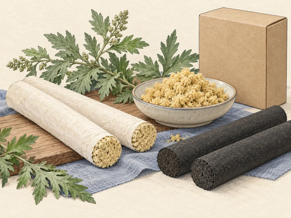 Concept illustration comparing paper-wrapped moxa rolls, unlit charcoal sticks and pale moxa floss