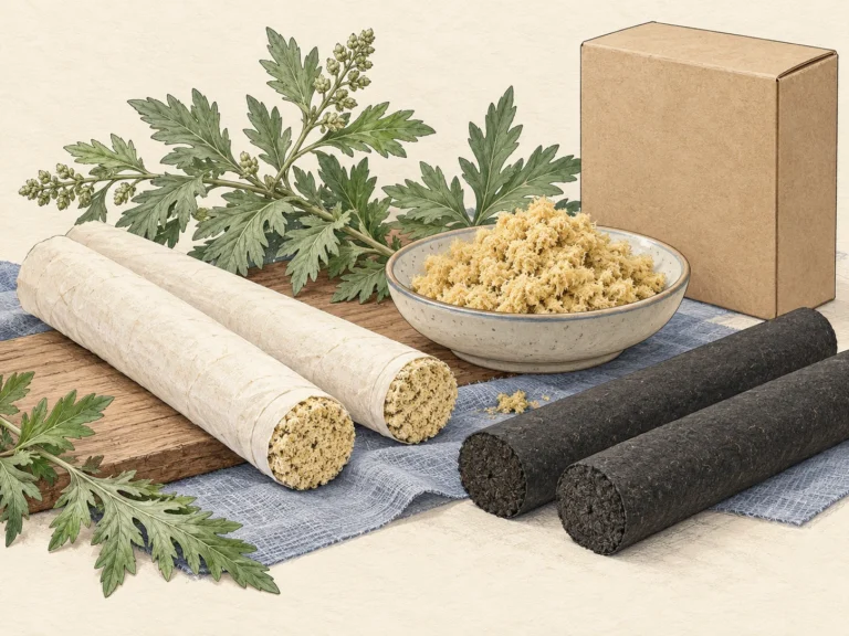 Concept illustration comparing paper-wrapped moxa rolls, unlit charcoal sticks and pale moxa floss