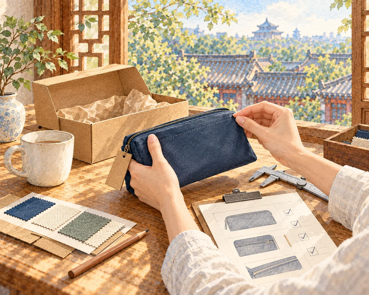 Watercolor illustration of hands checking a canvas pouch beside product samples, measuring tools and an inspection checklist