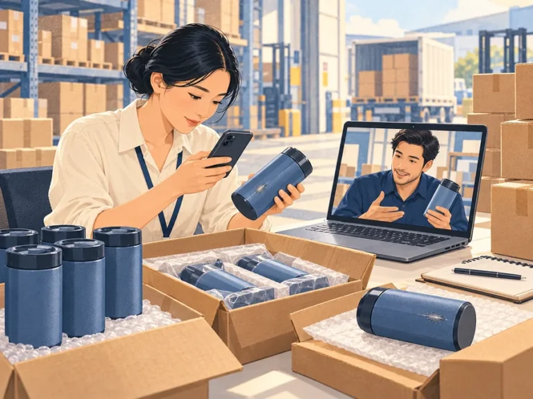 Illustration of a buyer documenting a defective item beside labelled shipment cartons while discussing the issue with a sourcing representative on a laptop.
