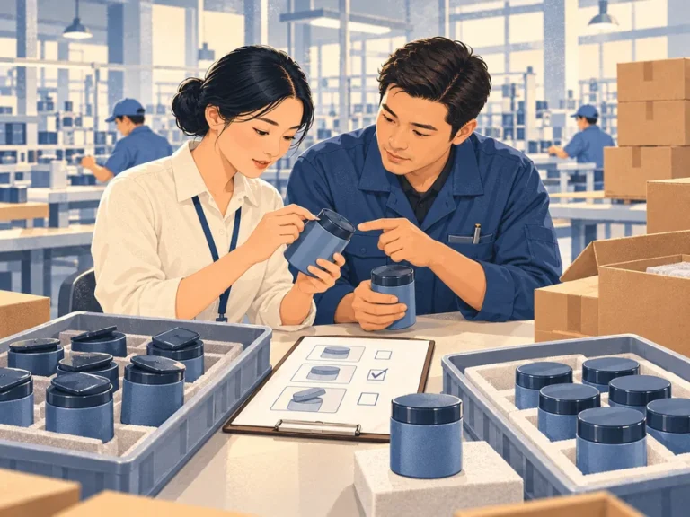 Illustration of a sourcing representative and quality supervisor examining a defective product beside separated batches and a correction checklist.