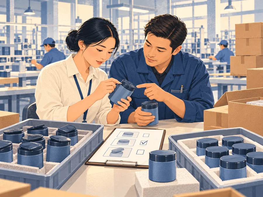 Illustration of a sourcing representative and quality supervisor examining a defective product beside separated batches and a correction checklist.