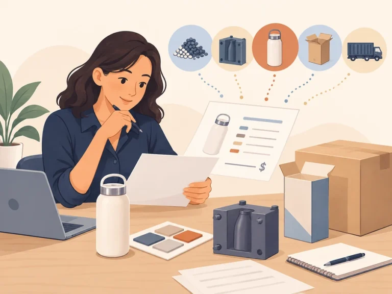 Illustration of a sample, material swatch, tooling and parcel beside a quotation review