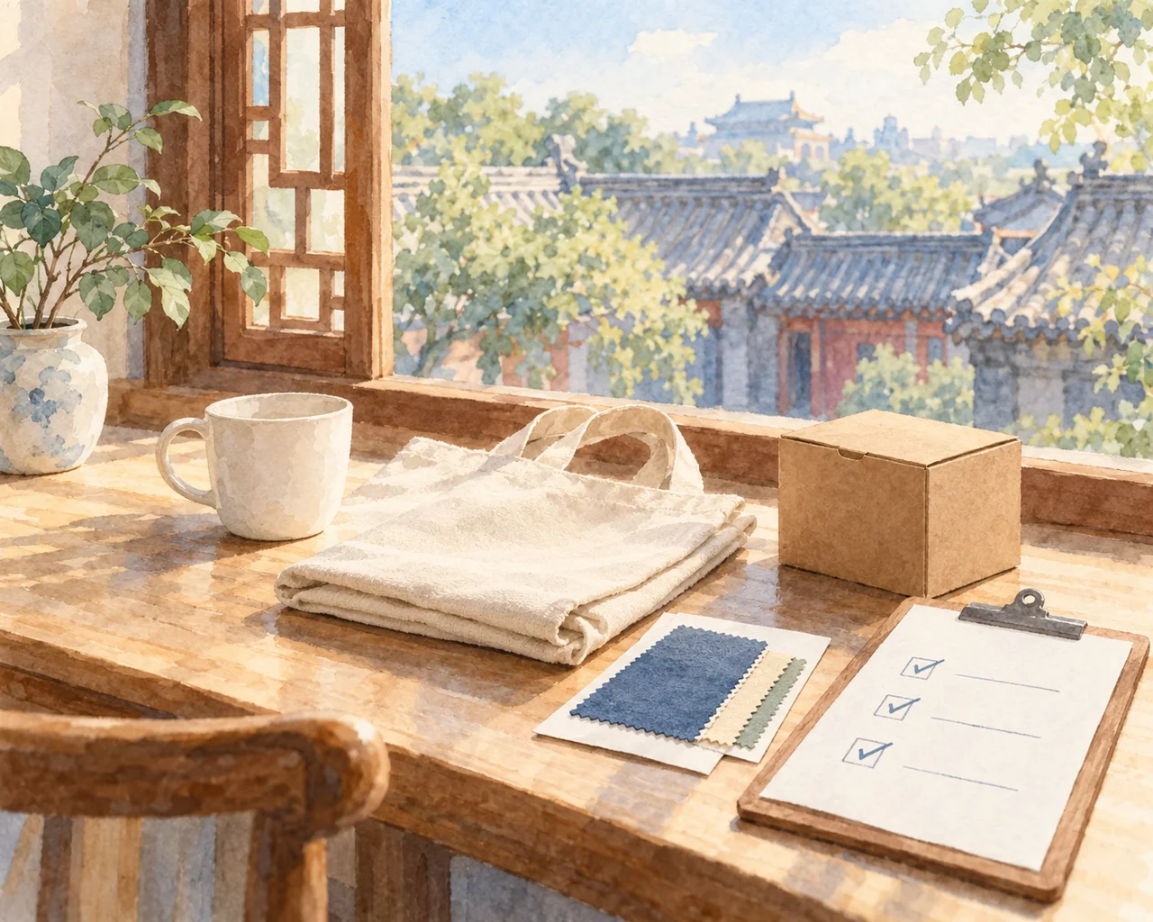 Watercolor illustration of product samples, packaging and a checklist beside a Beijing courtyard window