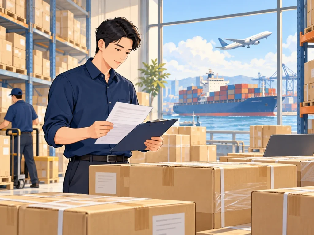 Illustration of a sourcing adviser checking cartons and documents while planning a first international shipment