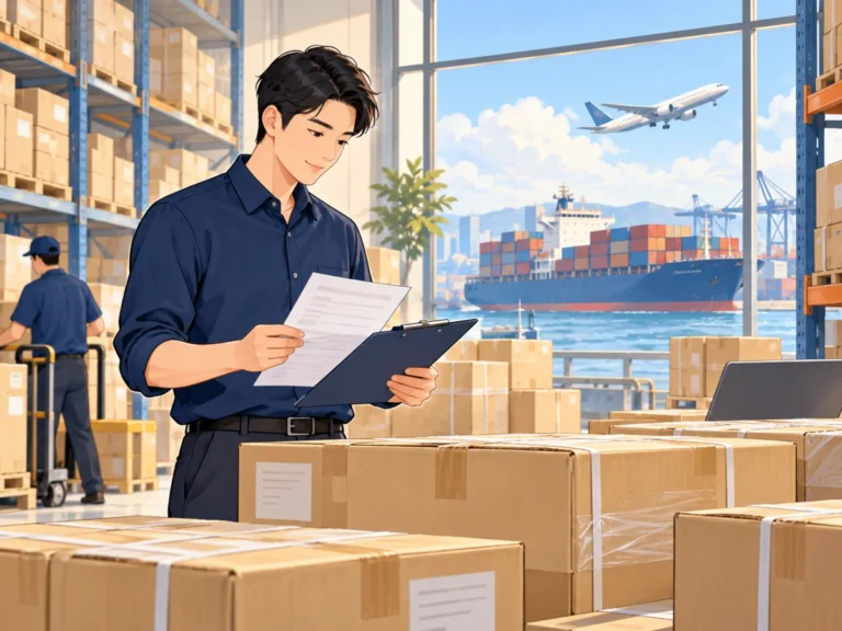 Illustration of a sourcing adviser checking cartons and documents while planning a first international shipment