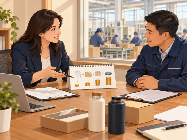 Illustration of an adviser and factory representative discussing production stages and a deposit beside a product sample