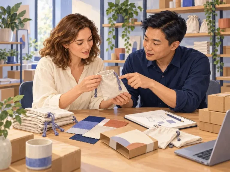 Small business owner and sourcing adviser discussing a fabric pouch sample, materials, and packaging for a first order.