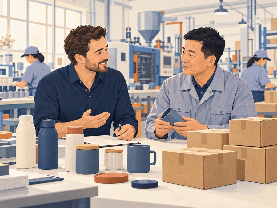 Illustration of a buyer representative and factory manager discussing a small first order.