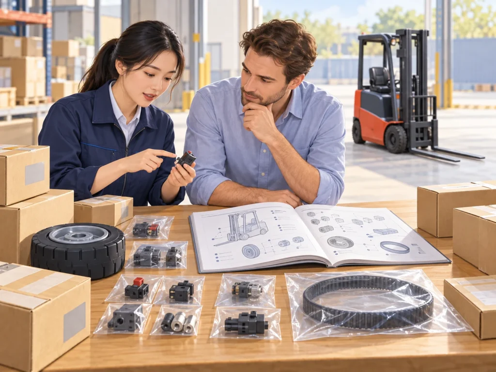 Concept illustration of a customer and equipment coordinator reviewing a parts manual and organized spare-parts kit