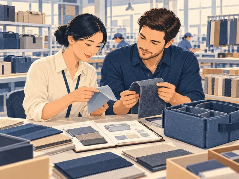 Illustration of a sourcing representative and buyer comparing two material samples beside an approved product and its specification sheet.