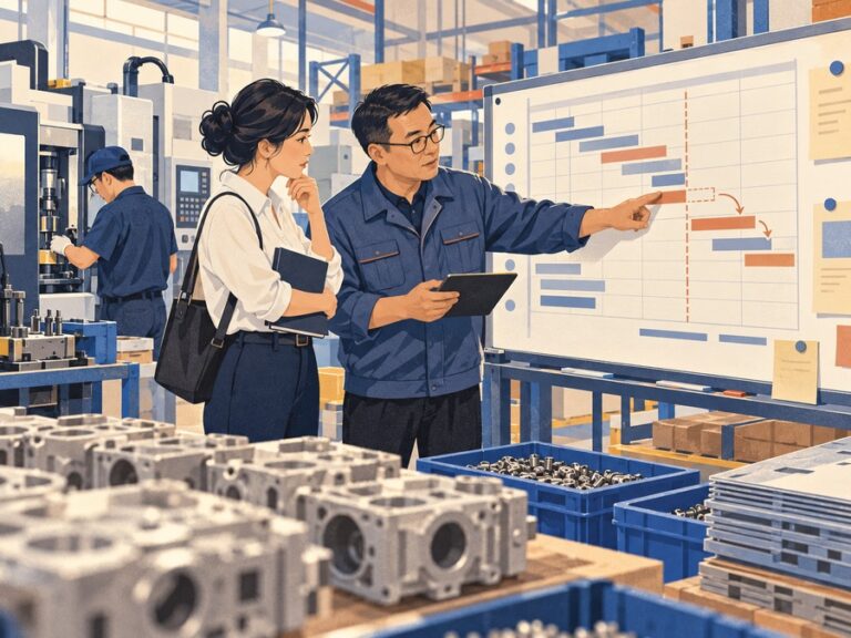 Illustration of a buyer representative and factory manager reviewing a production delay and recovery plan.