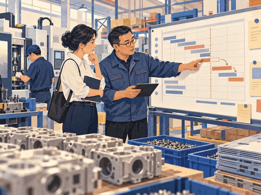 Illustration of a buyer representative and factory manager reviewing a production delay and recovery plan.