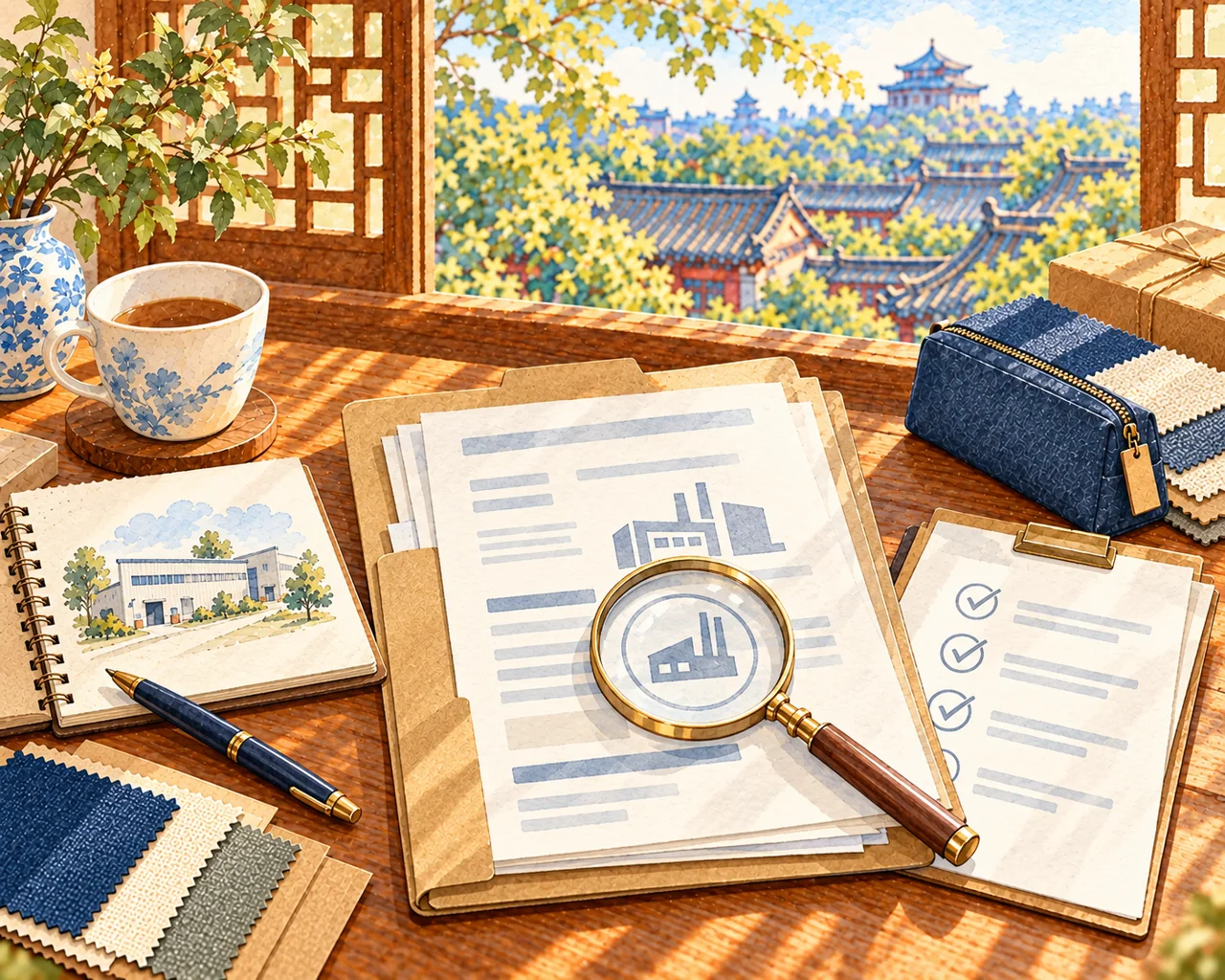 Watercolor illustration of supplier records, a factory sketch and a checklist on a Beijing courtyard desk