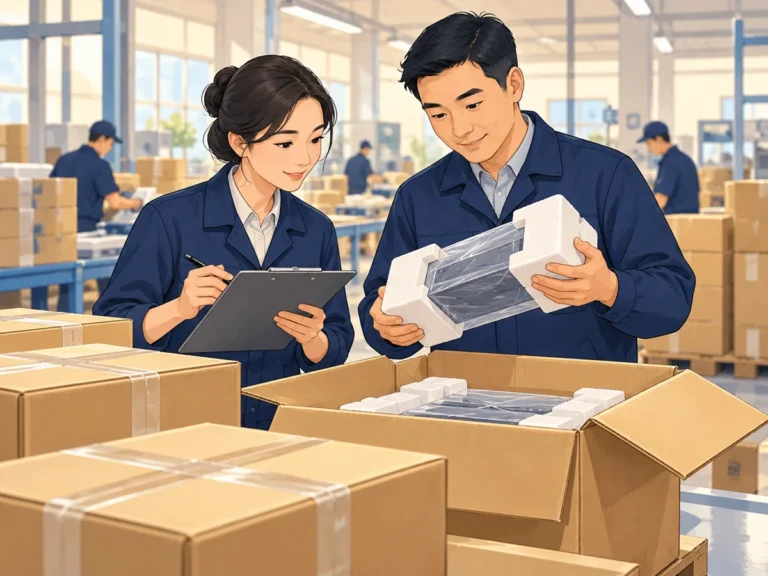 Illustration of an adviser and factory colleague checking finished products and protective packaging before dispatch