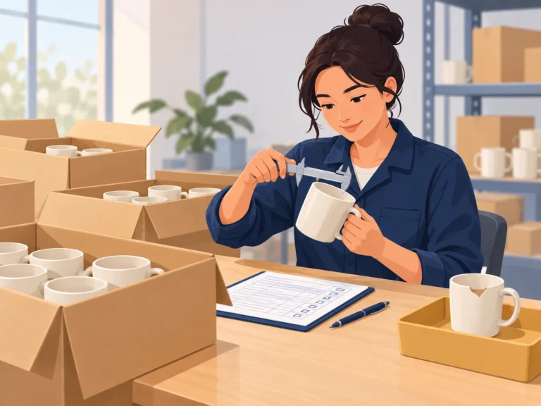 Concept illustration of an inspector selecting ceramic mugs from cartons and checking a sample