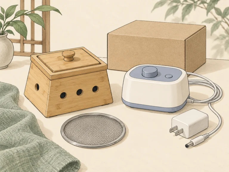 Concept illustration of a bamboo moxa box, generic electric heat device, disconnected adapter and mesh insert