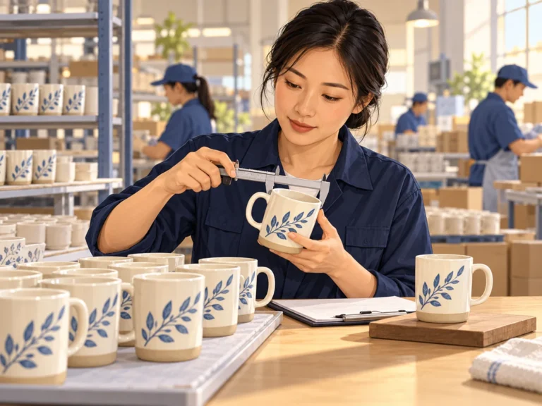 Illustration of an adviser comparing a ceramic mug sample with production pieces and checking their dimensions